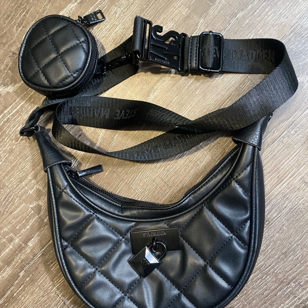 Black Quilted Mini Steve Madden Crossbody Bag with Coin Pouch